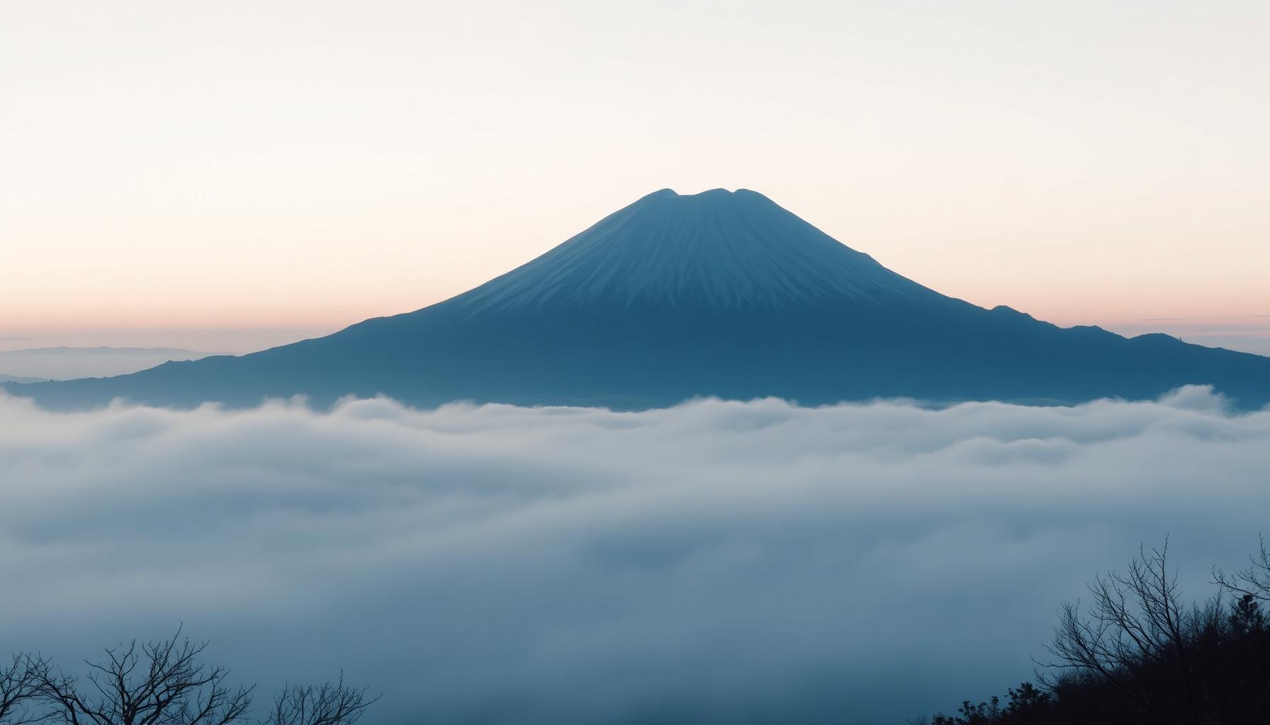 Mount Fuji emerging through pale morning fog