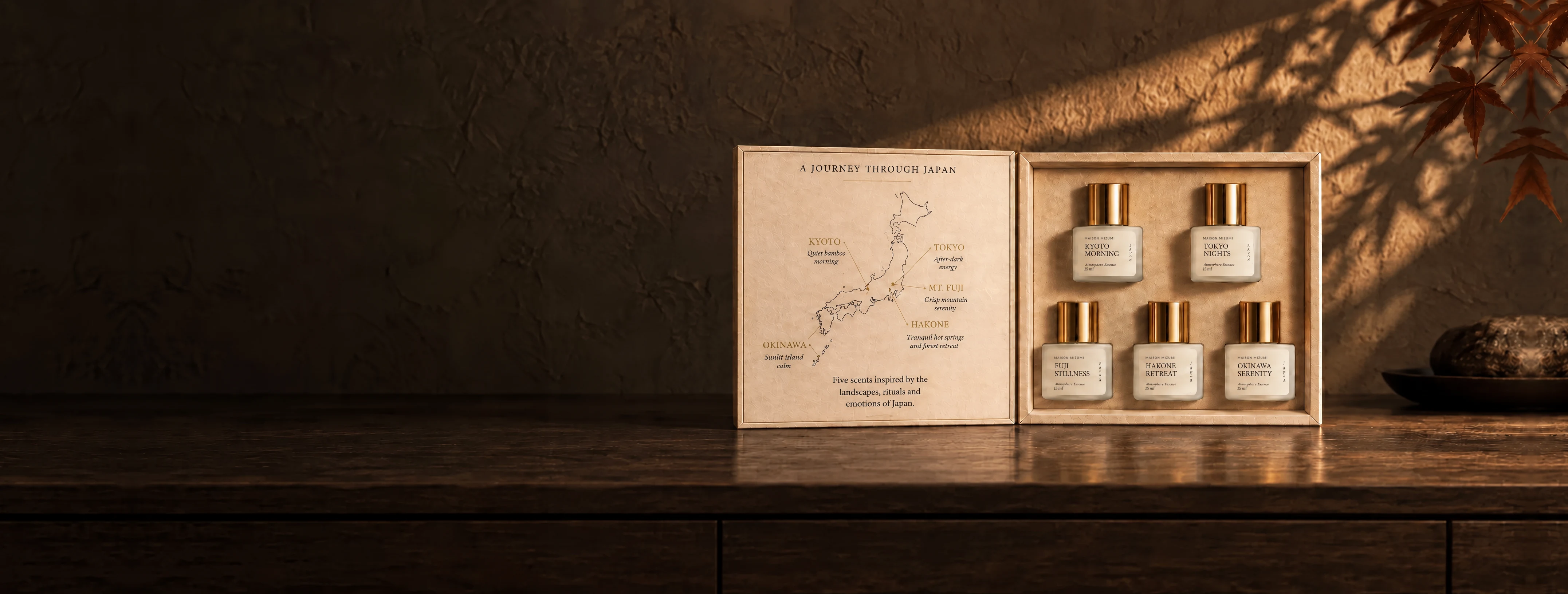 Maison Mizumi Discovery Collection – five 15 ml atmosphere essences in a gift box with a map of Japan